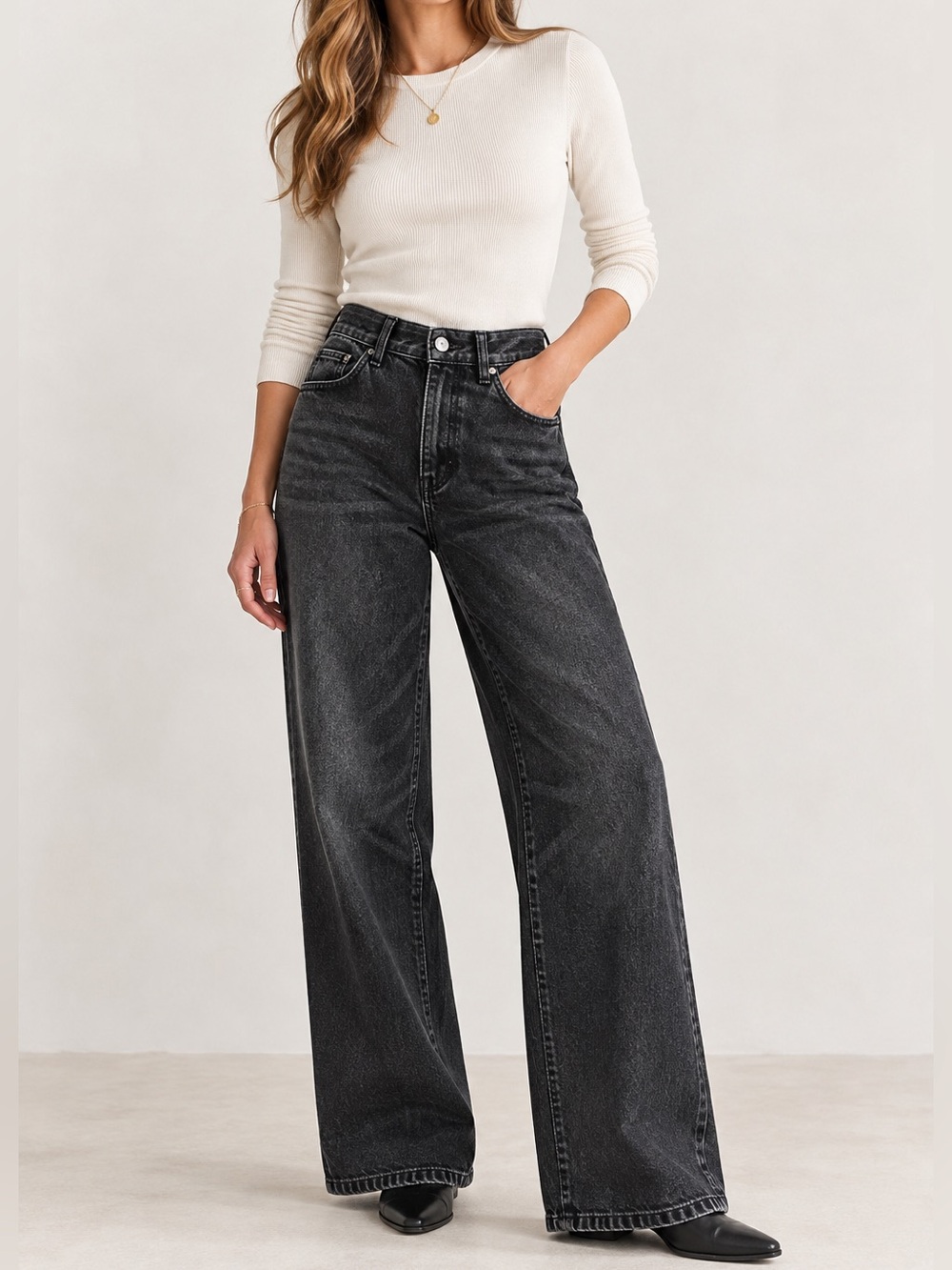 Sézane Denim Black Washed High Rise Wide Leg Jeans EU 38 US 6